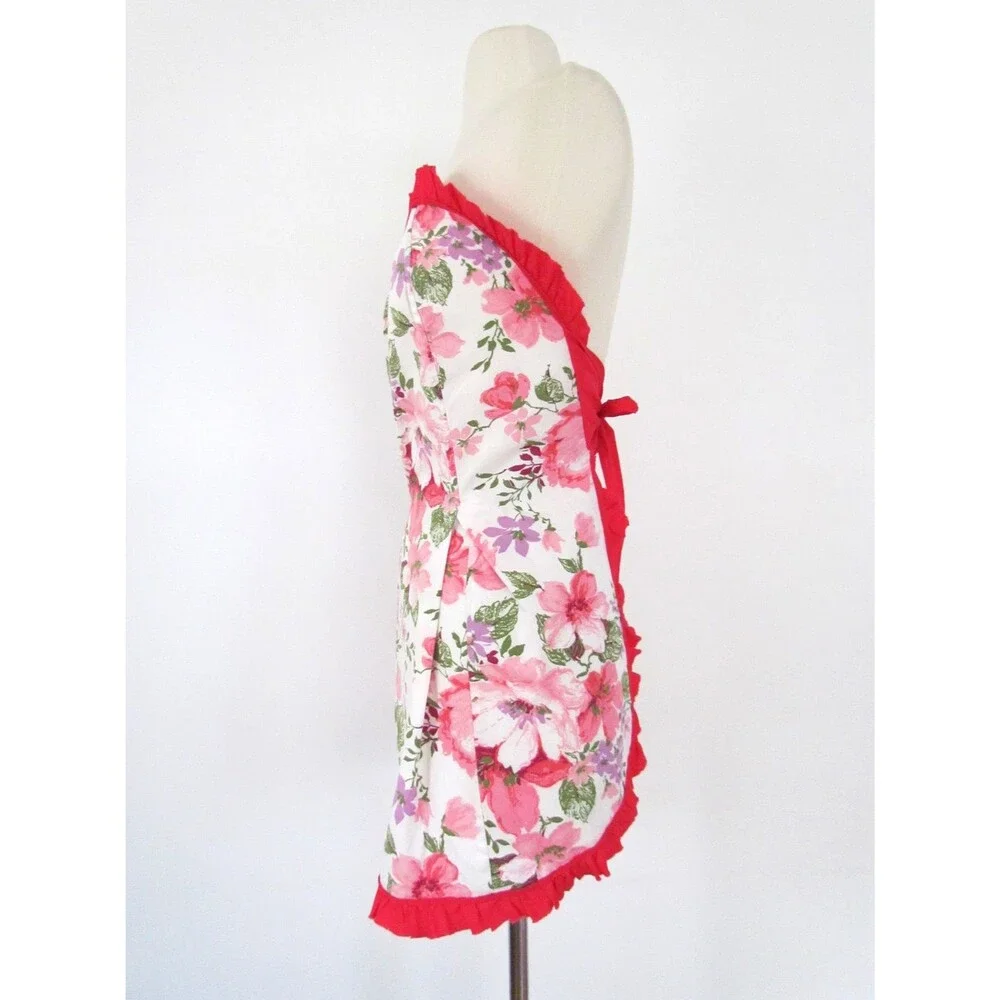 Vtg 1950s Strapless Hostess Apron Boned Floral Cotton Sweetheart Red Ruffle